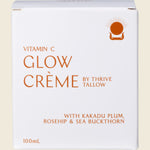 Thrive Tallow Vitamin C Glow Creme 100ml retail box with green botanical illustrations on a white background.