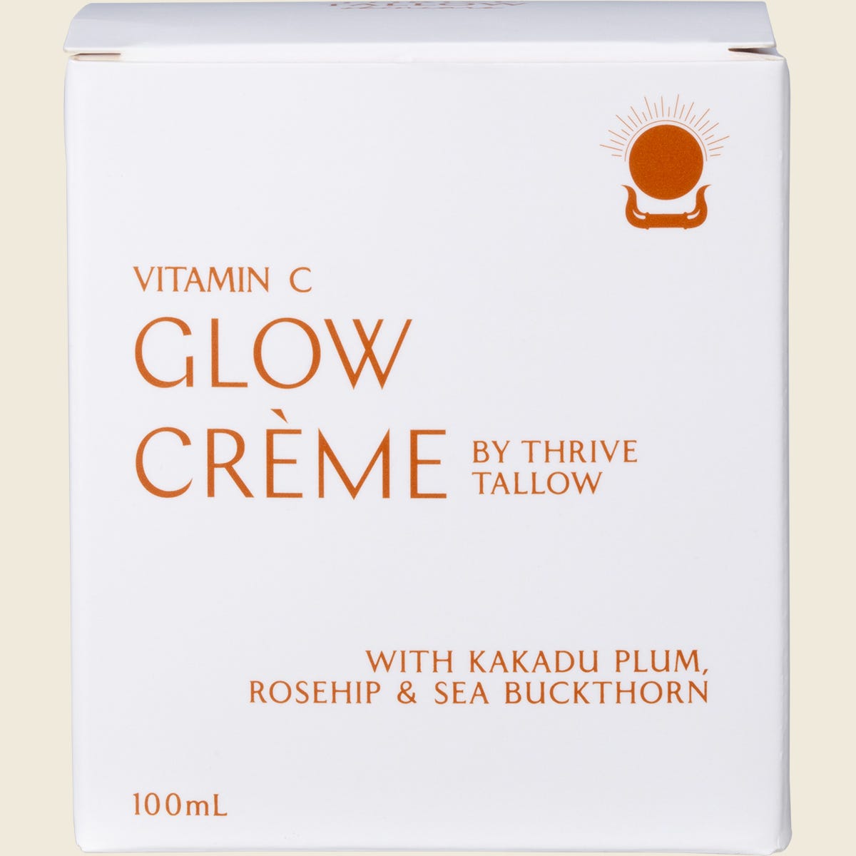 Thrive Tallow Vitamin C Glow Creme 100ml retail box with green botanical illustrations on a white background.