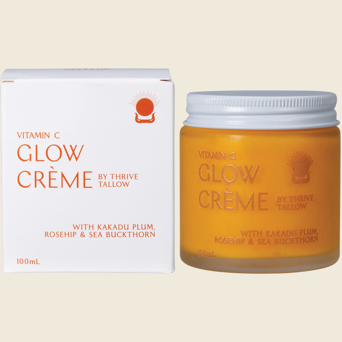 Thrive Tallow Vitamin C Glow Creme 100ml jar and box set featuring botanical illustrations on a white background.