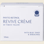 Thrive Tallow Phyto-Retinol Revive Creme 50ml product box featuring blue and green floral illustrations.