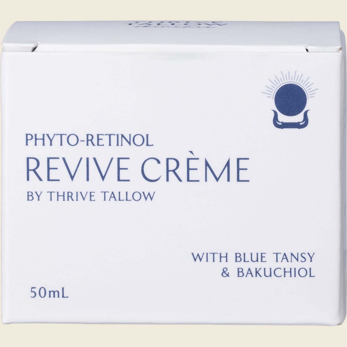 Thrive Tallow Phyto-Retinol Revive Creme 50ml product box featuring blue and green floral illustrations.