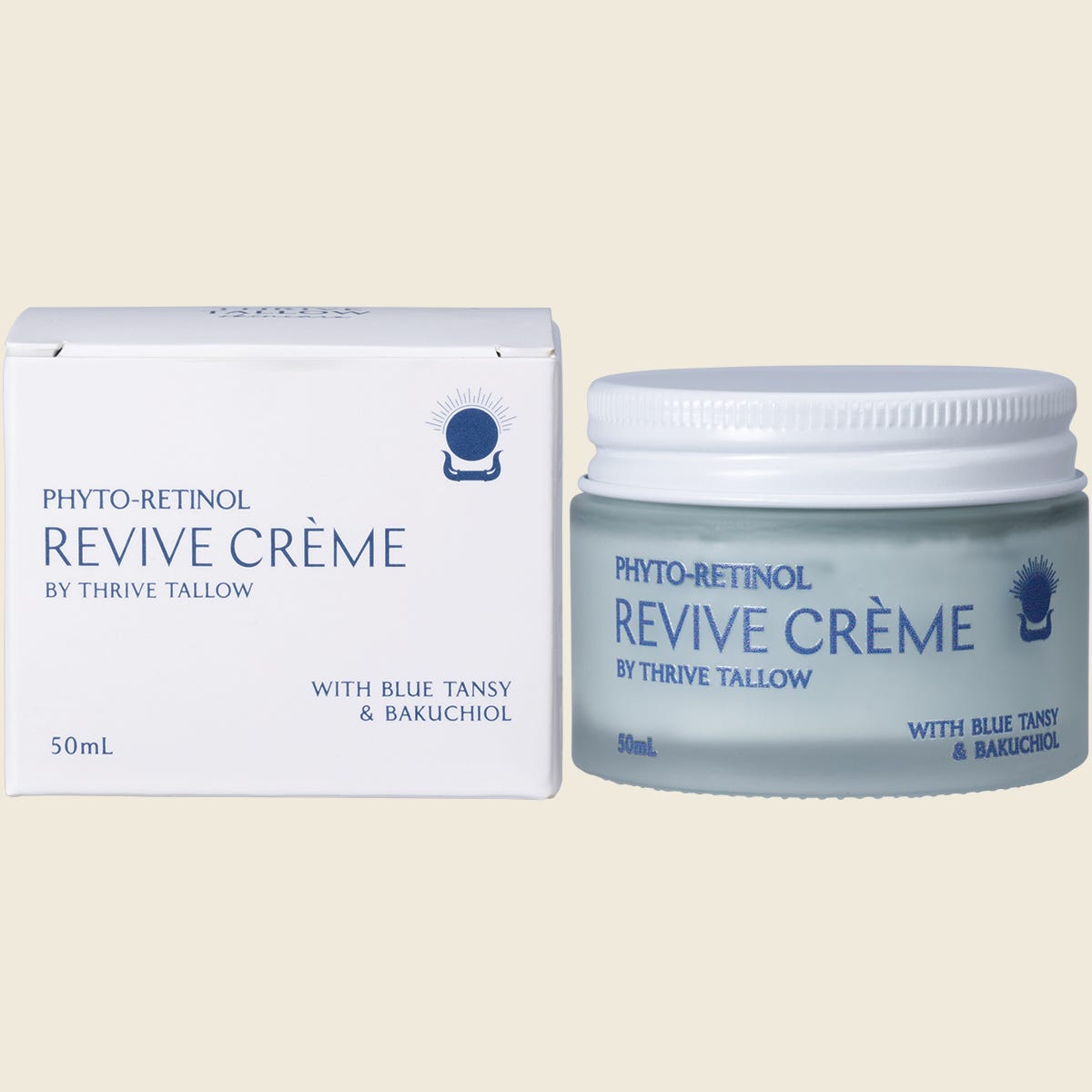 Thrive Tallow Phyto-Retinol Revive Creme 50ml jar and box set with blue floral illustrations.