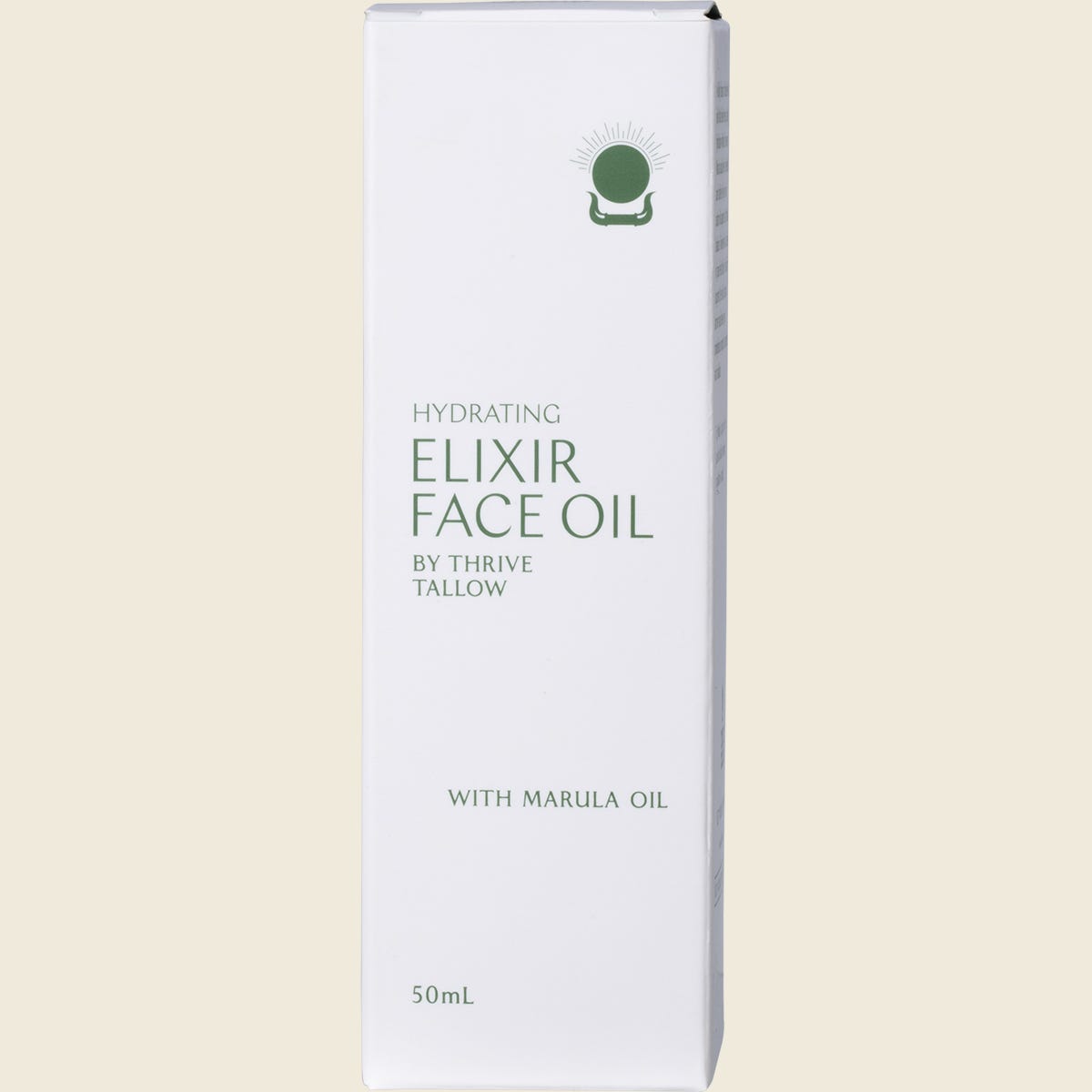 Thrive Tallow Hydrating Elixir Face Oil 50ml retail box featuring a white background and gold floral illustrations.