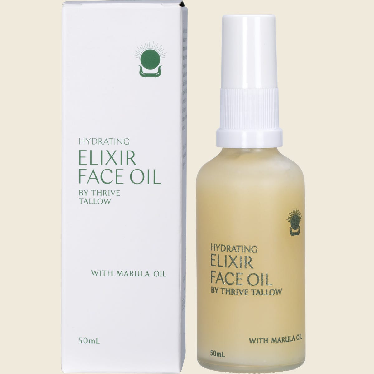 Thrive Tallow Hydrating Elixir Face Oil 50ml bottle and box with marula, olive, and castor oils.