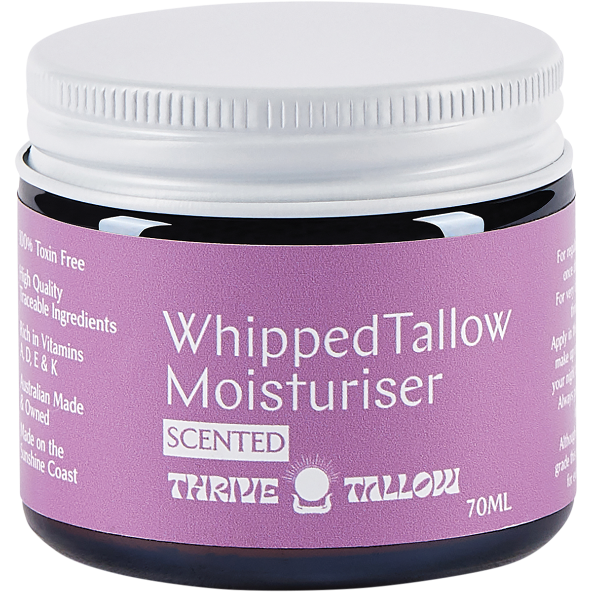 70ml glass jar of Thrive Tallow Whipped Tallow Moisturiser with Ylang Ylang and Vanilla on a white background.