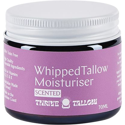 70ml glass jar of Thrive Tallow Whipped Tallow Moisturiser with Ylang Ylang and Vanilla on a white background.