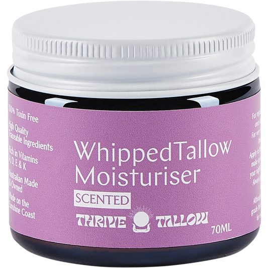 70ml glass jar of Thrive Tallow Whipped Tallow Moisturiser with Ylang Ylang and Vanilla on a white background.