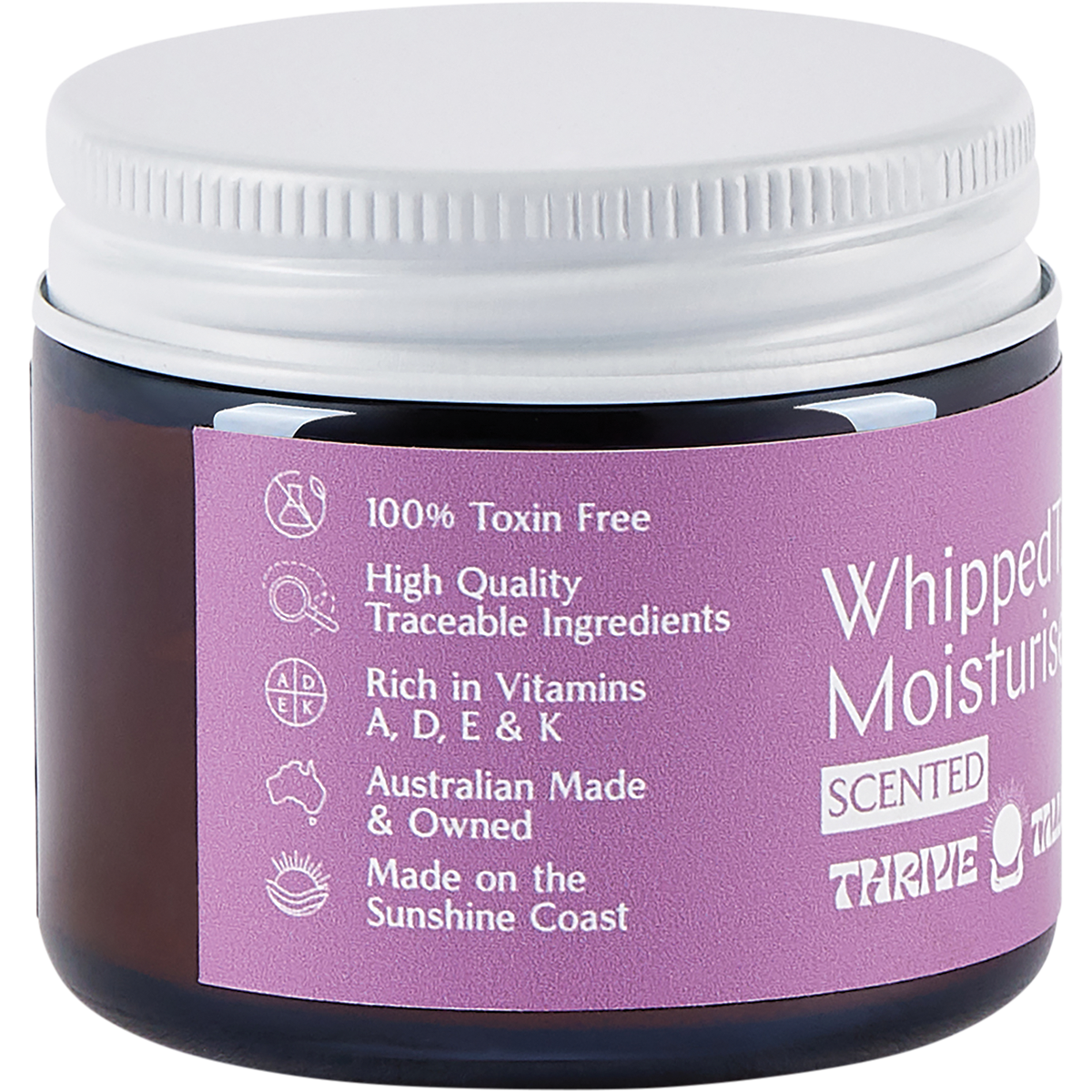 70ml glass jar of Thrive Tallow Whipped Tallow Moisturiser with Ylang Ylang and Vanilla on a white background.