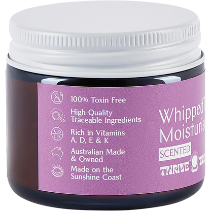 70ml glass jar of Thrive Tallow Whipped Tallow Moisturiser with Ylang Ylang and Vanilla on a white background.