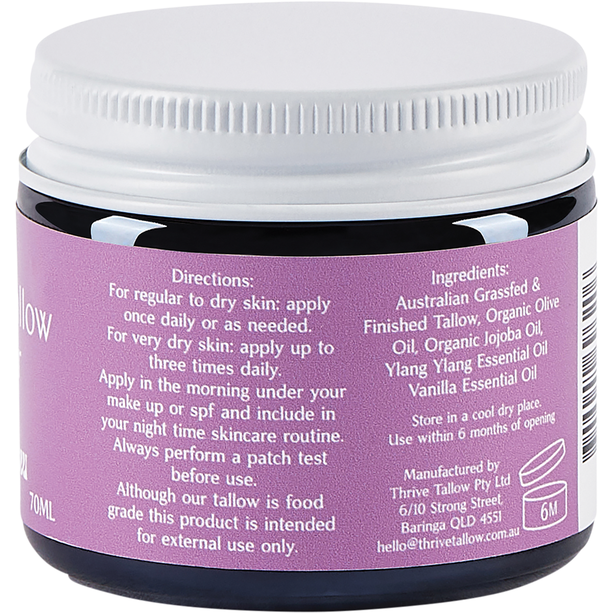 Side view of a glass jar of Thrive Tallow Whipped Tallow Moisturiser with a black lid on a white background.