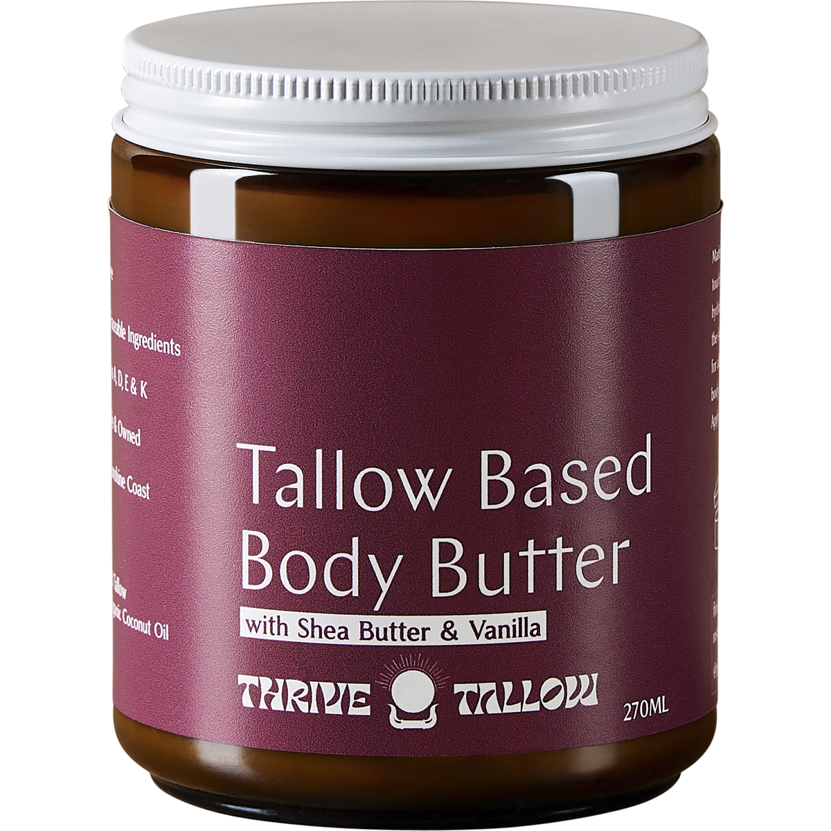 270ml glass jar of Thrive Tallow Tallow Based Body Butter with a white label and botanical illustrations.