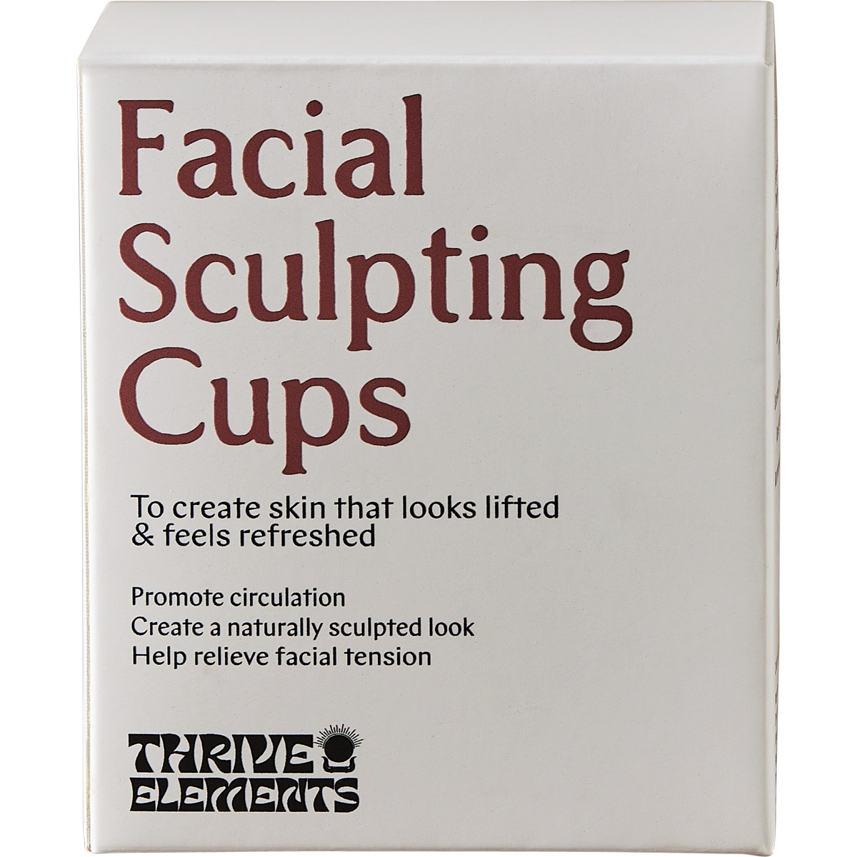 White retail box for Thrive Tallow Facial Sculpting Cups featuring a minimalist design with a face illustration.