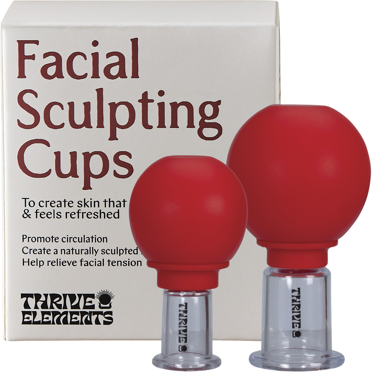 Two clear silicone facial sculpting cups of different sizes shown with their retail packaging and a face map card.