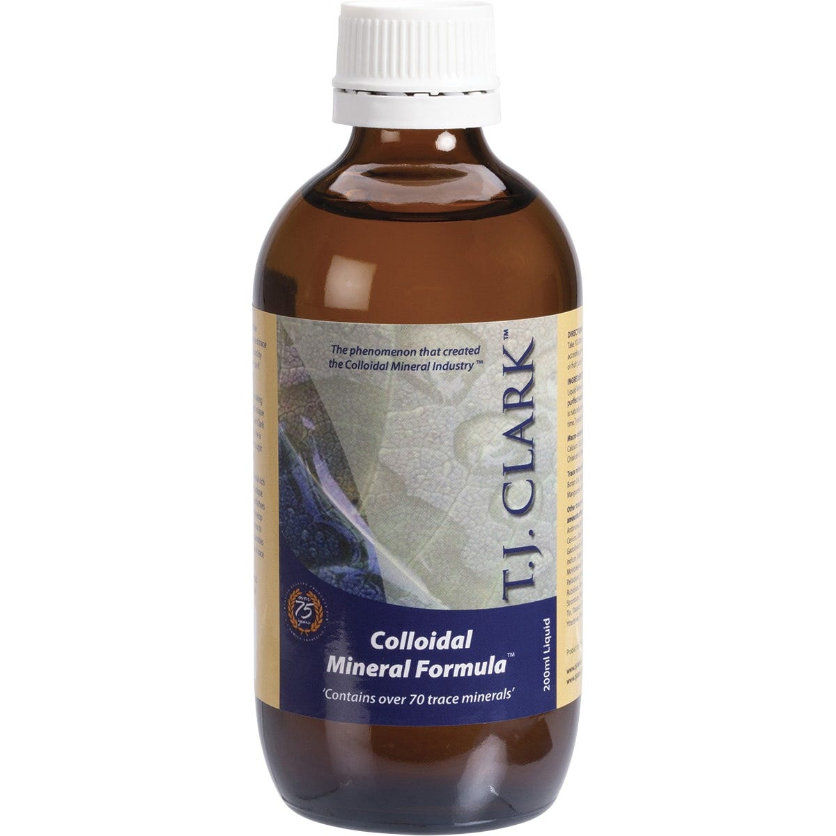 200ml bottle of T.J. Clark Colloidal Minerals Original with a black and gold label on a white background.