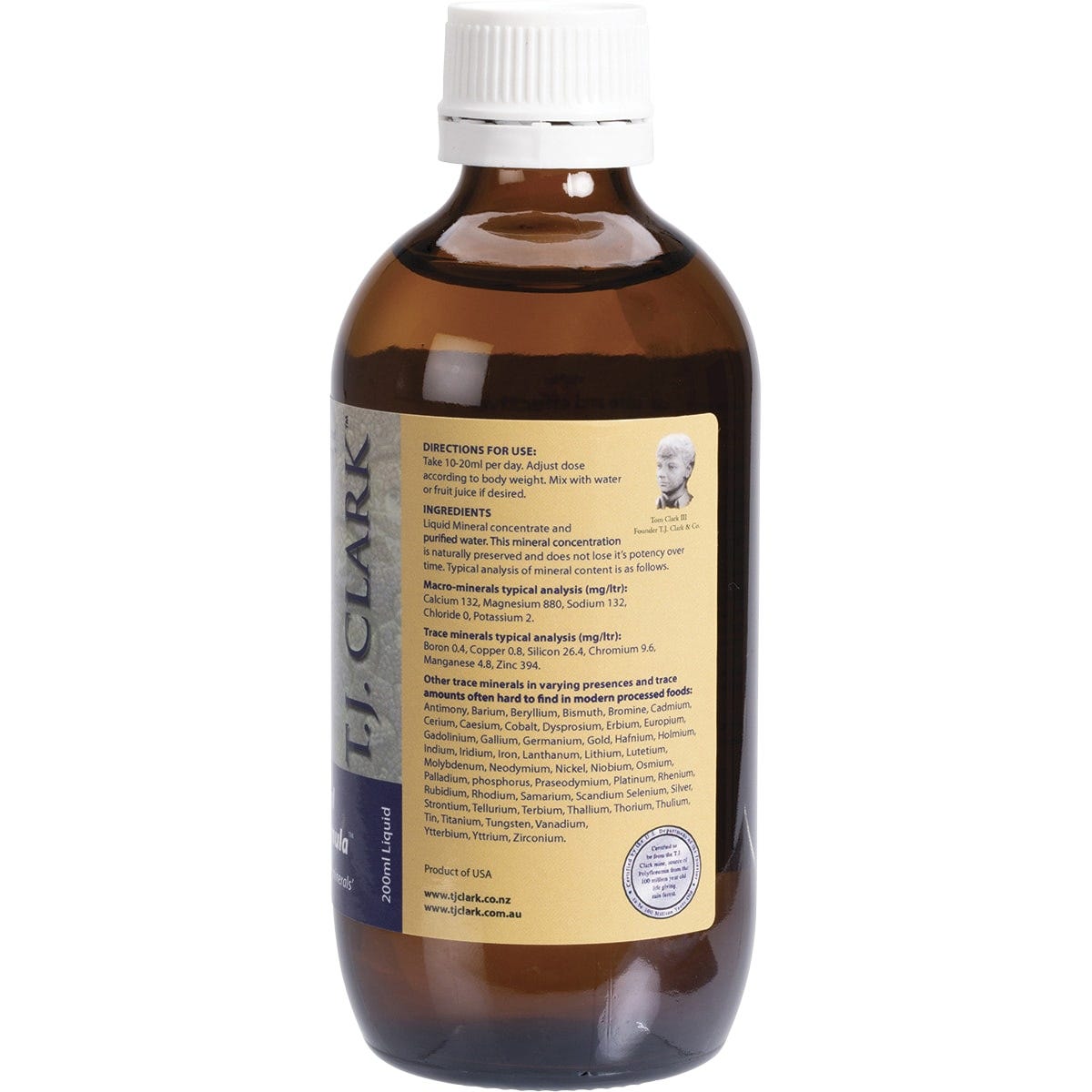 Right side of T.J. Clark Colloidal Minerals 200ml bottle with nutrition facts and product information.