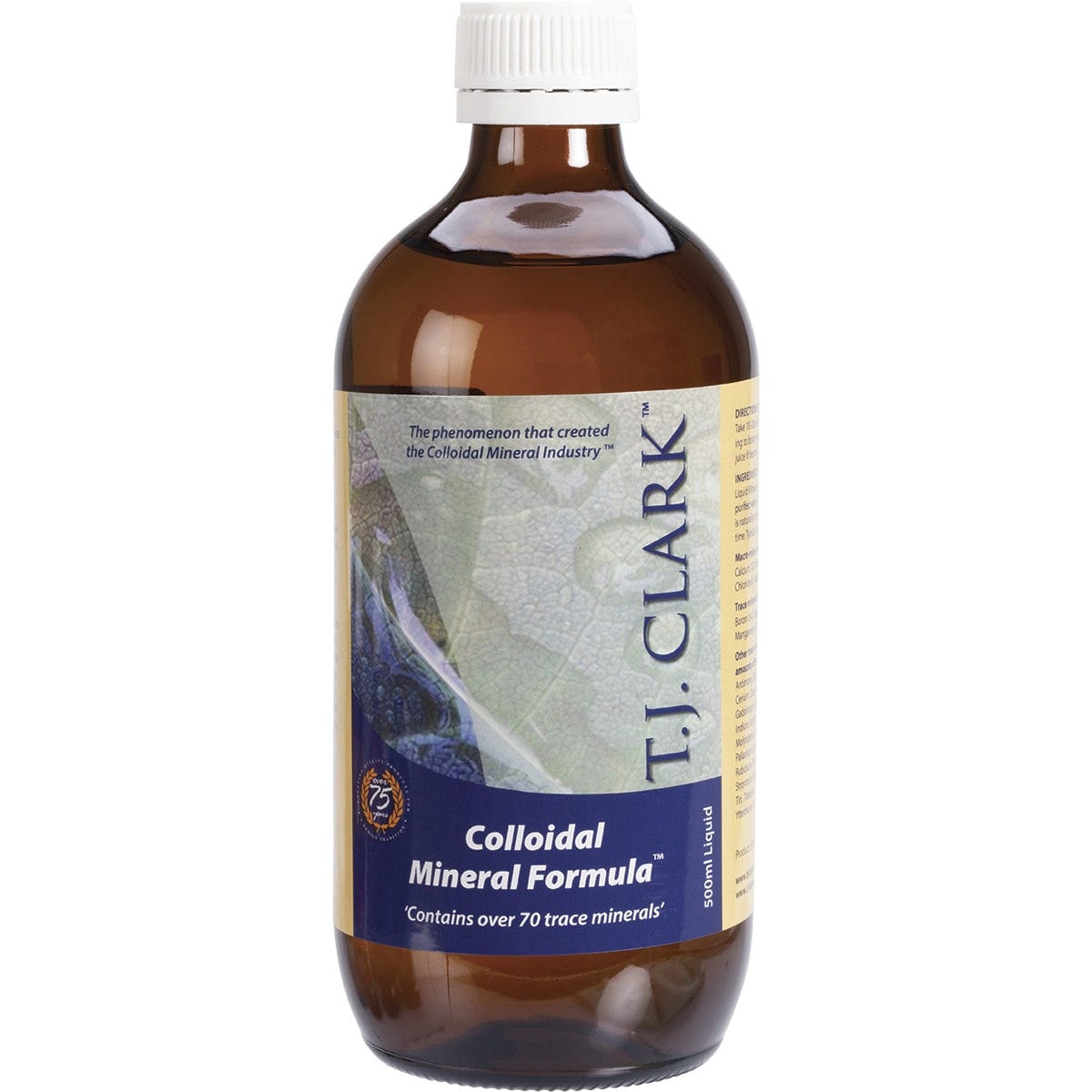 500ml bottle of T.J. Clark Colloidal Minerals Original formula with a white and blue label on a white background.