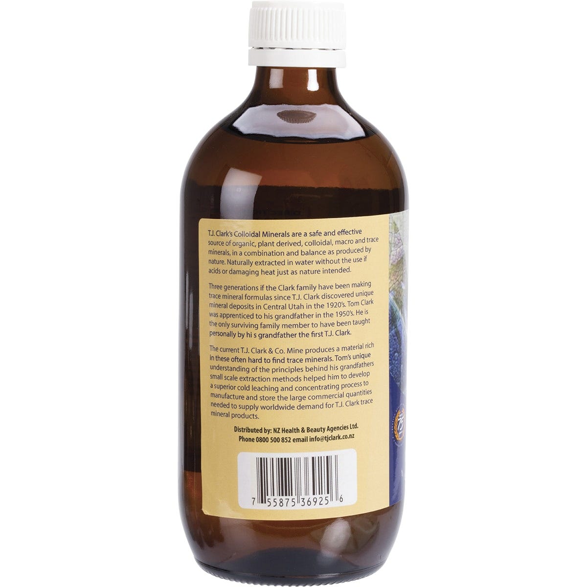 Left side of a 500ml T.J. Clark Colloidal Minerals Original bottle with dosage and benefit information.