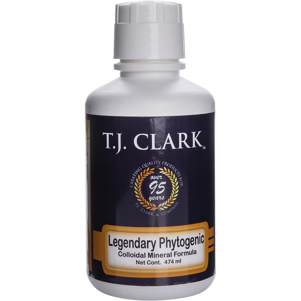 474ml bottle of T.J. Clark Colloidal Minerals Legendary Phytogenic with a white and gold label.