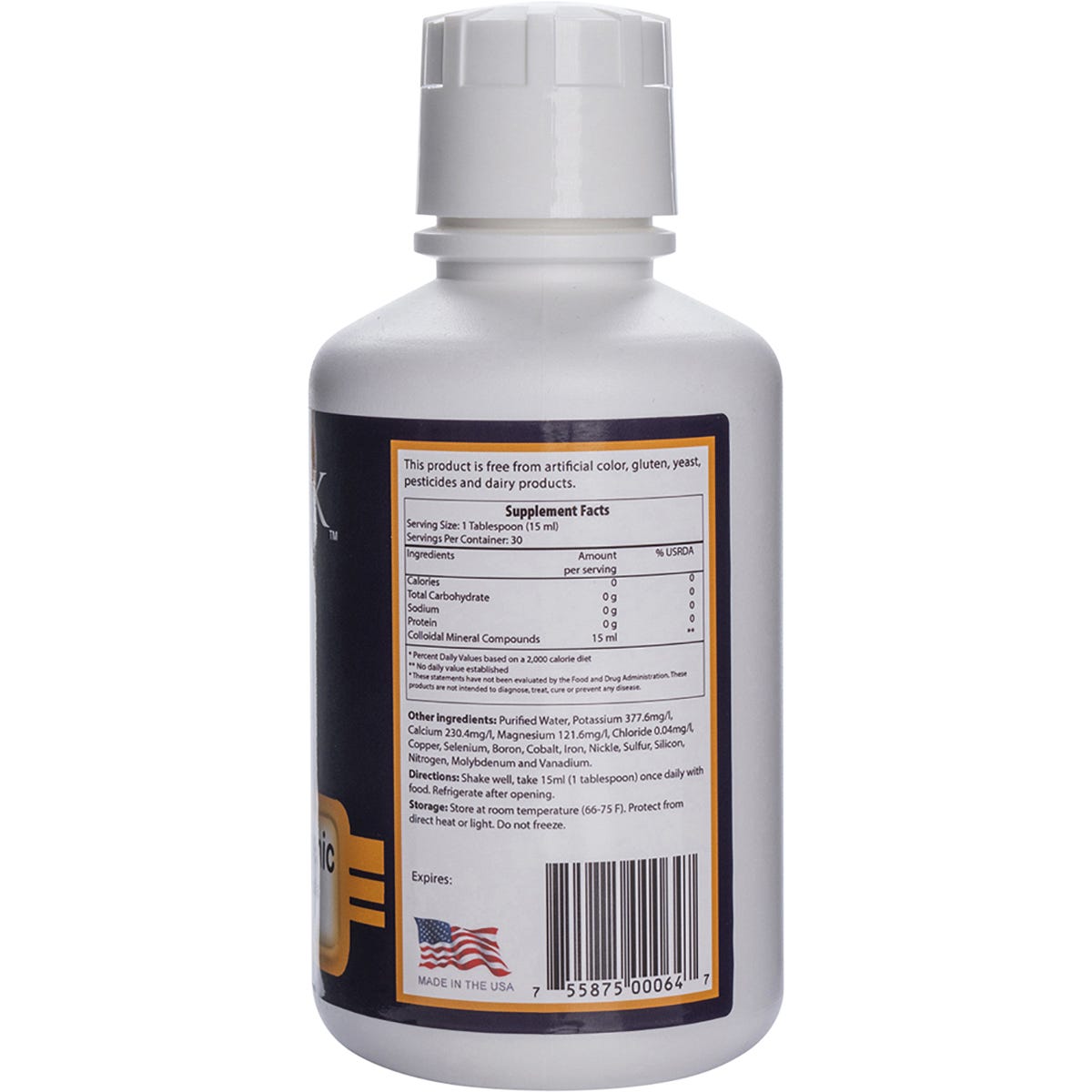 Back of T.J. Clark Colloidal Minerals 474ml bottle with ingredients, directions, and nutritional information.