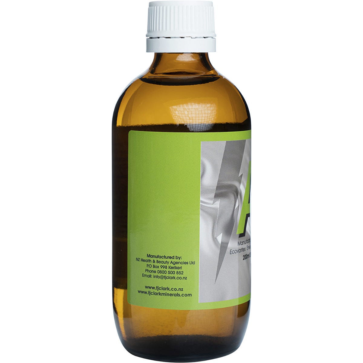 Side view of T.J. Clark Colloidal Silver 200ml bottle showing product features and benefits on a white label.