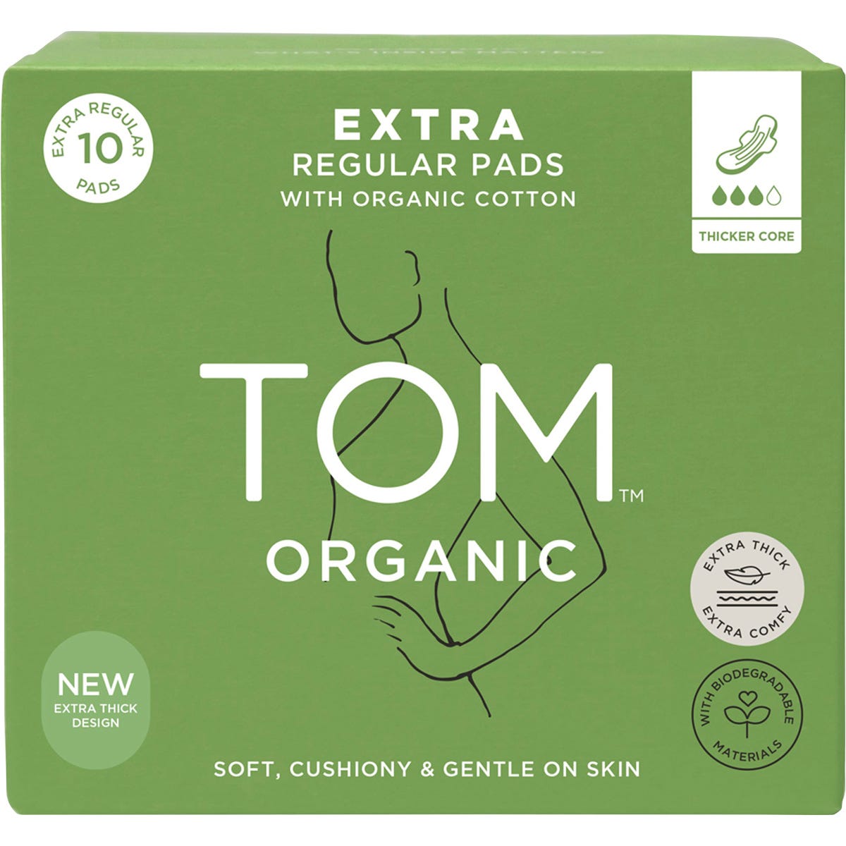 Four-pack of TOM Organic Extra Regular Pads with wings, made from 100% organic cotton for moderate flow protection.