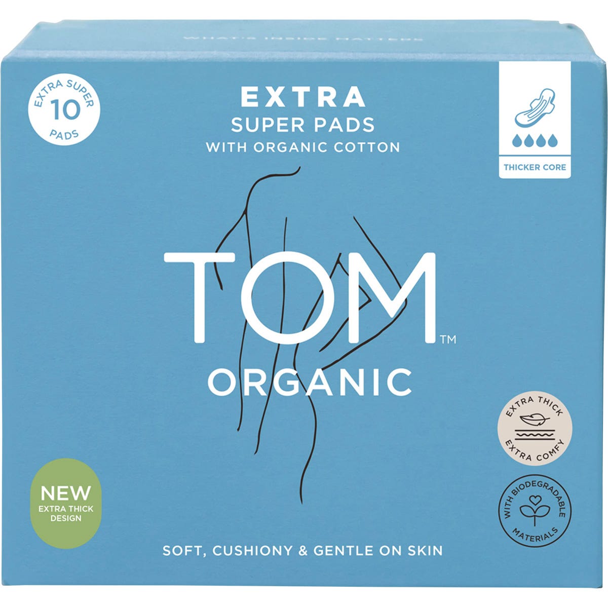 Pack of 4 TOM Organic Extra Super Pads in a 10-pack box, featuring a green and white design with organic cotton branding.