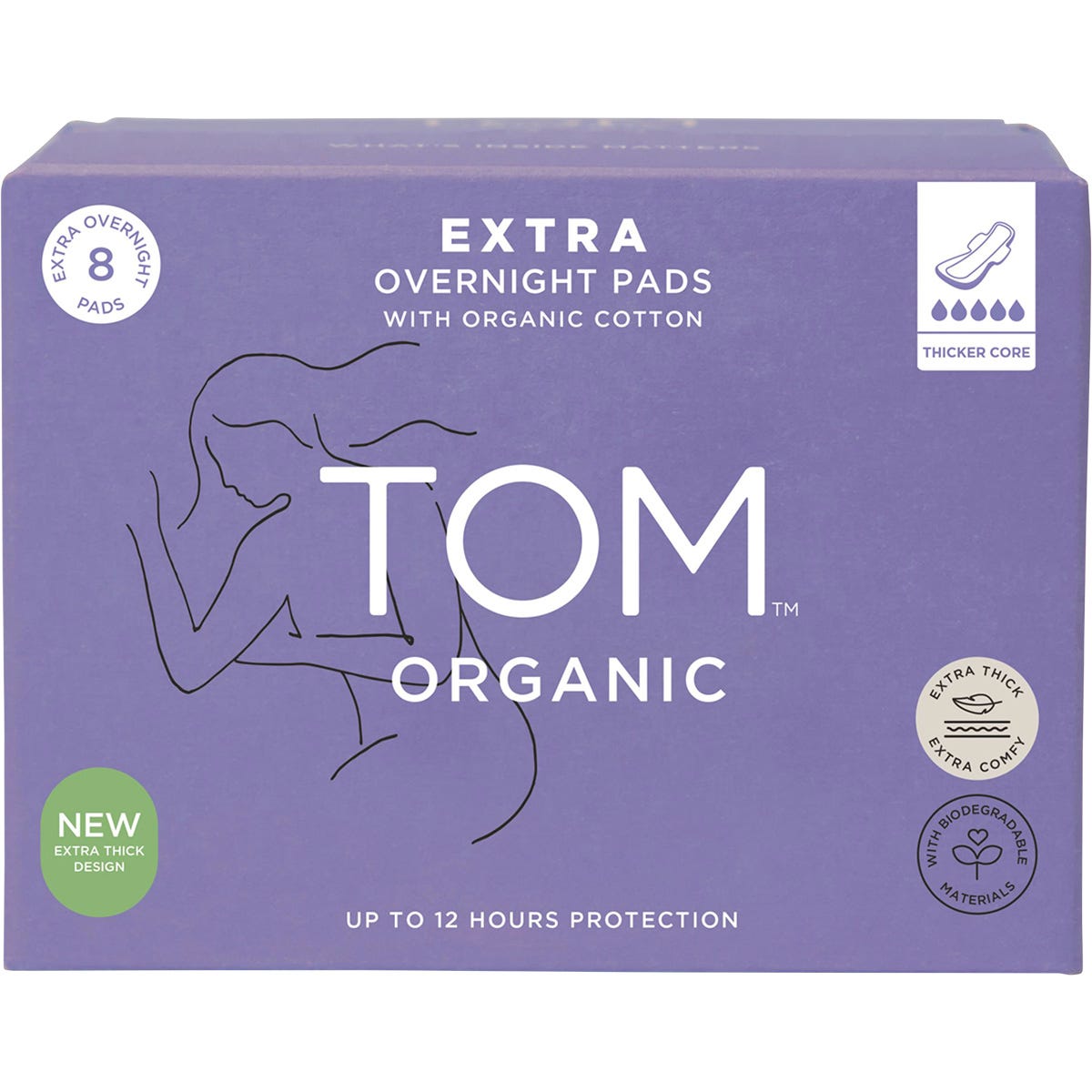 8-pack of TOM Organic Extra Overnight Pads in a green and white box, featuring 100% organic cotton and dual wings.