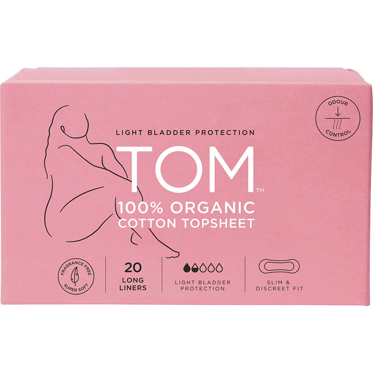 TOM Organic light bladder protection long liners 20 pack box with 100% organic cotton topsheet.