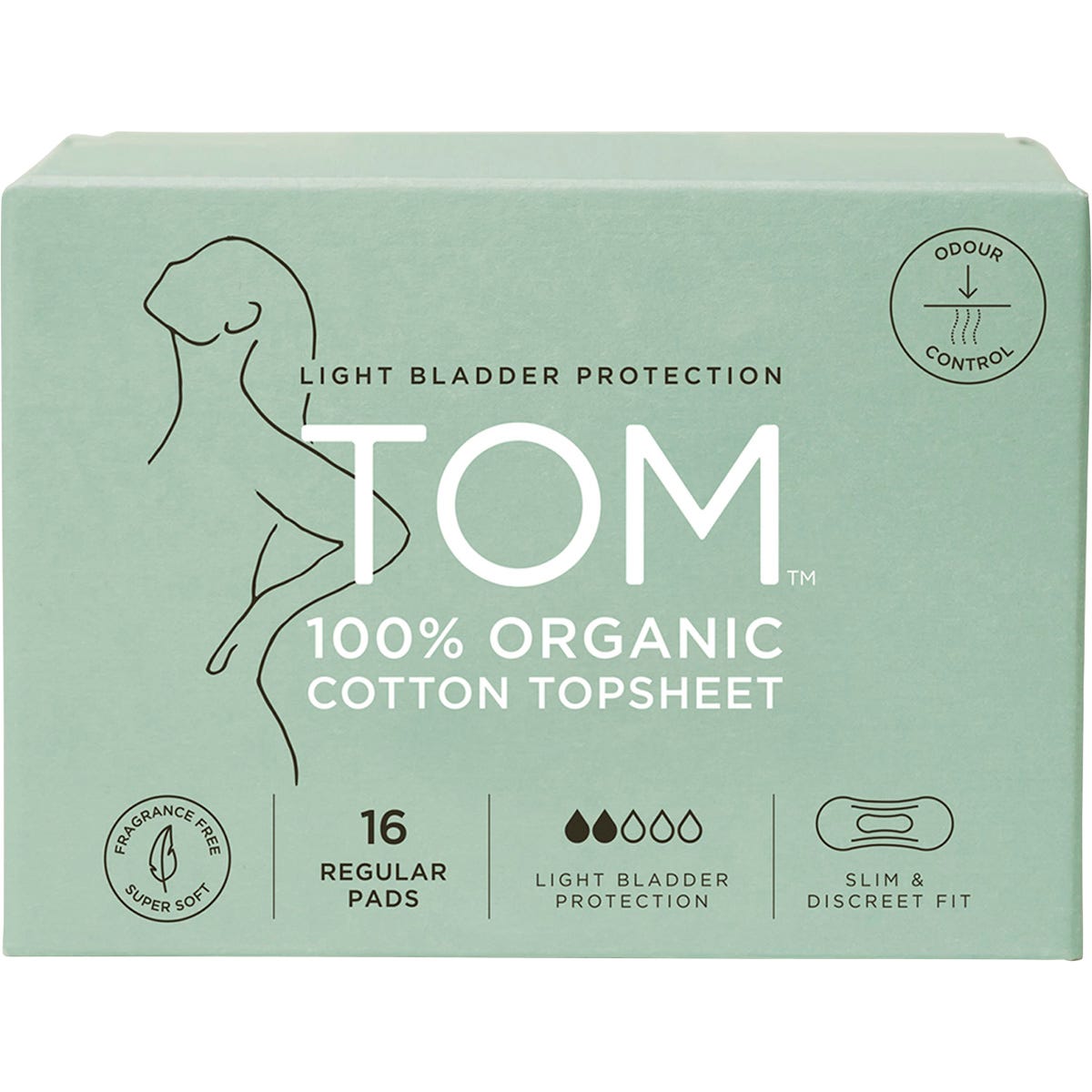 Four packs of TOM Organic regular light bladder protection pads, 16 per pack, featuring a white and green design.