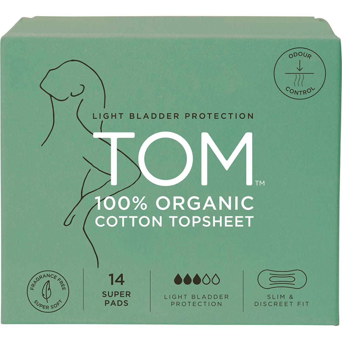 Four packs of TOM Organic Super Light Bladder Protection pads, each containing 14 individually wrapped 100% cotton pads.