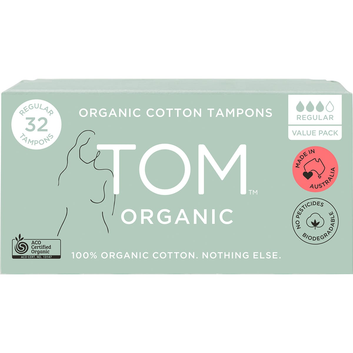 TOM Organic regular 32-pack tampons in a white and green box made of 100% certified organic cotton.