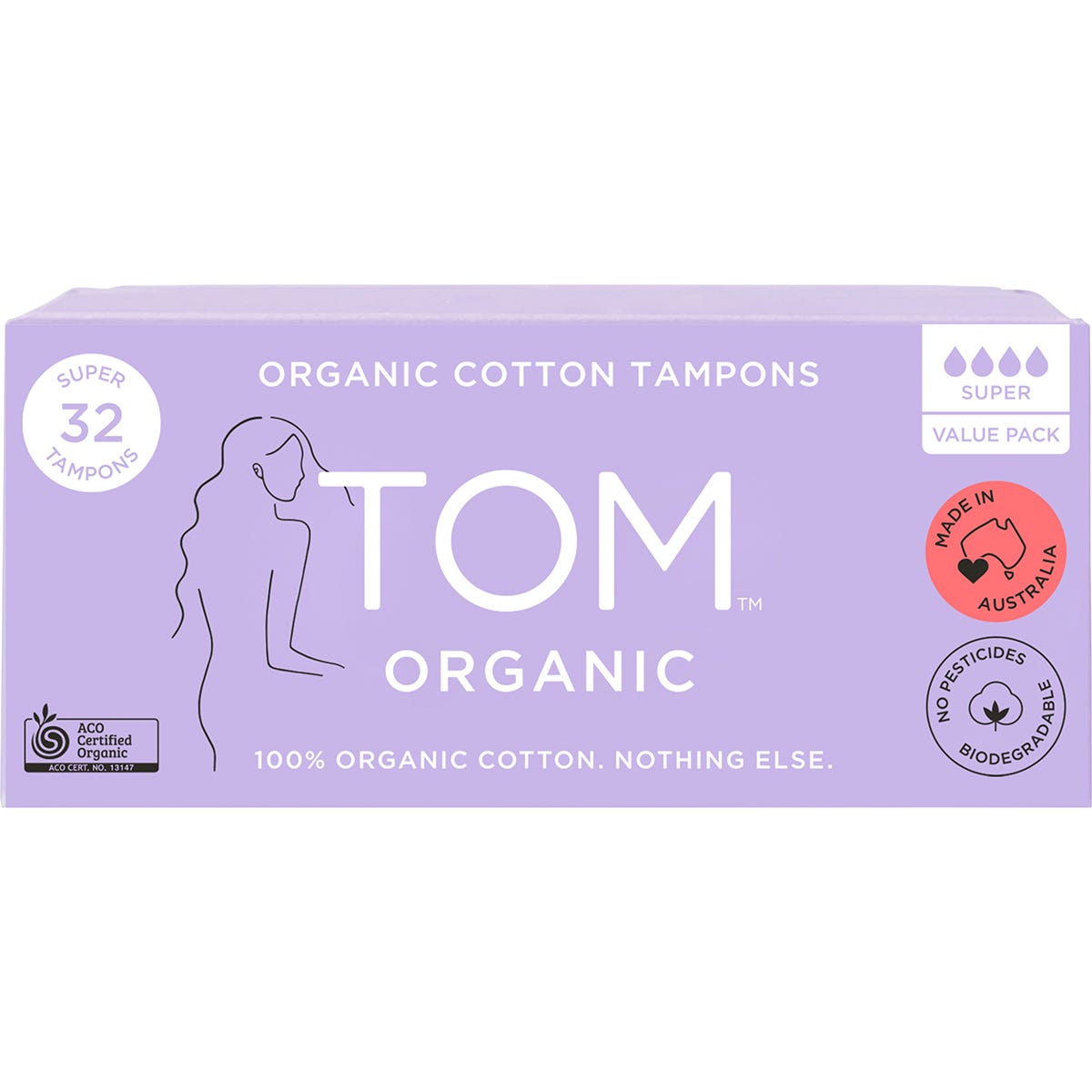 32 pack of TOM Organic Super Tampons in a recyclable cardboard box for heavy flow.