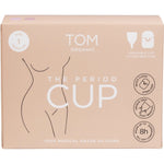 TOM Organic Size 1 Regular Period Cup in its green steriliser case, shown against a white background.