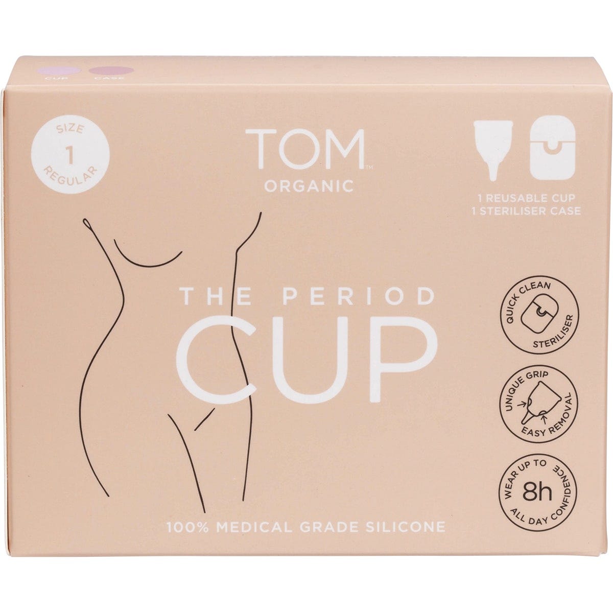 TOM Organic Size 1 Regular Period Cup in its green steriliser case, shown against a white background.