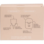 Back of TOM Organic Size 1 Period Cup box showing features, size guide, and medical-grade silicone benefits.