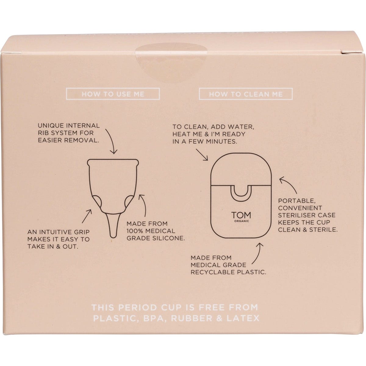 Back of TOM Organic Size 1 Period Cup box showing features, size guide, and medical-grade silicone benefits.