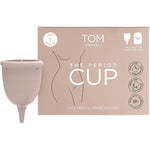 TOM Organic Size 1 Regular Period Cup shown with its green steriliser case and branded packaging.