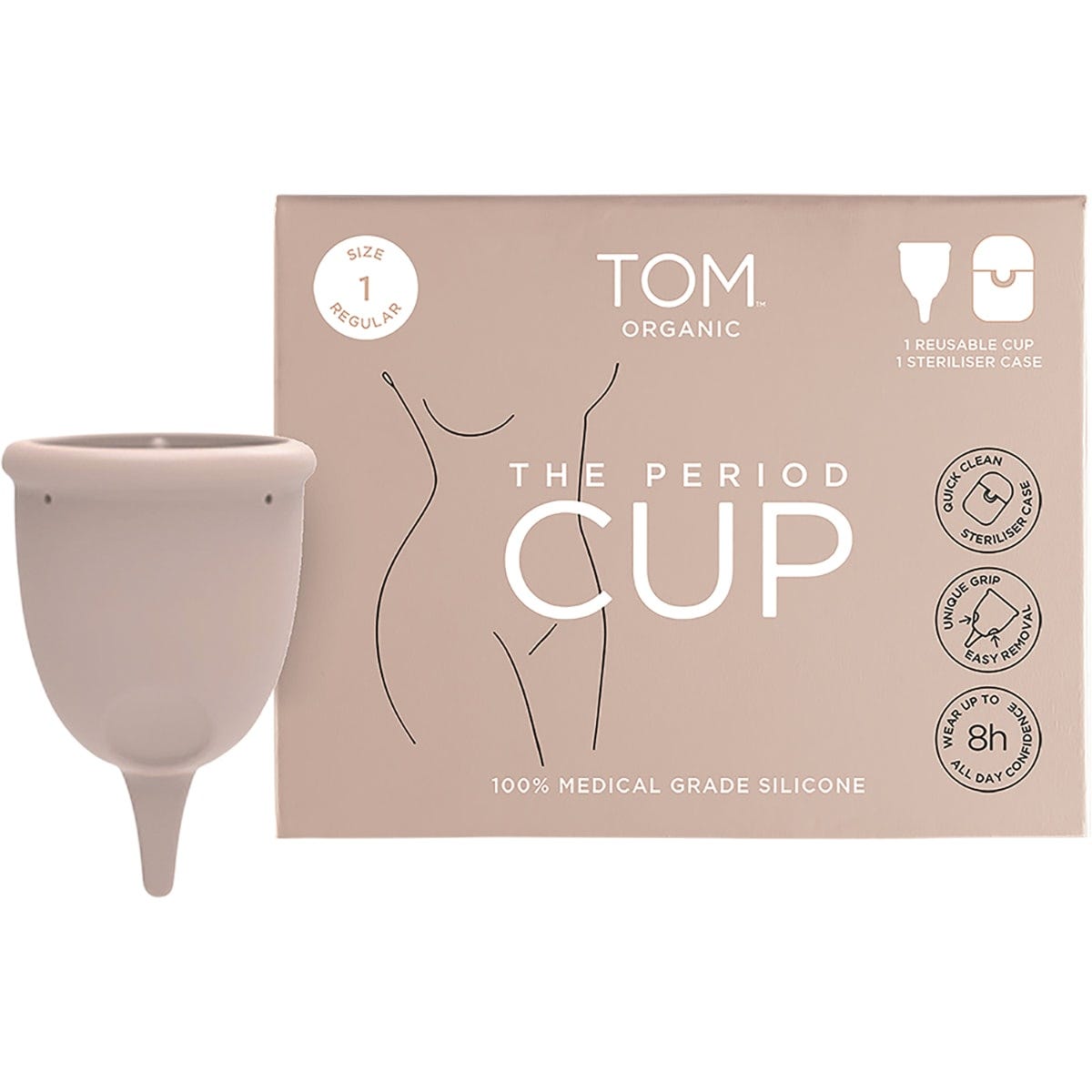 TOM Organic Size 1 Regular Period Cup shown with its green steriliser case and branded packaging.
