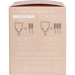 Left side of a TOM Organic Size 1 Period Cup box highlighting its Australian-made and medical-grade silicone features.