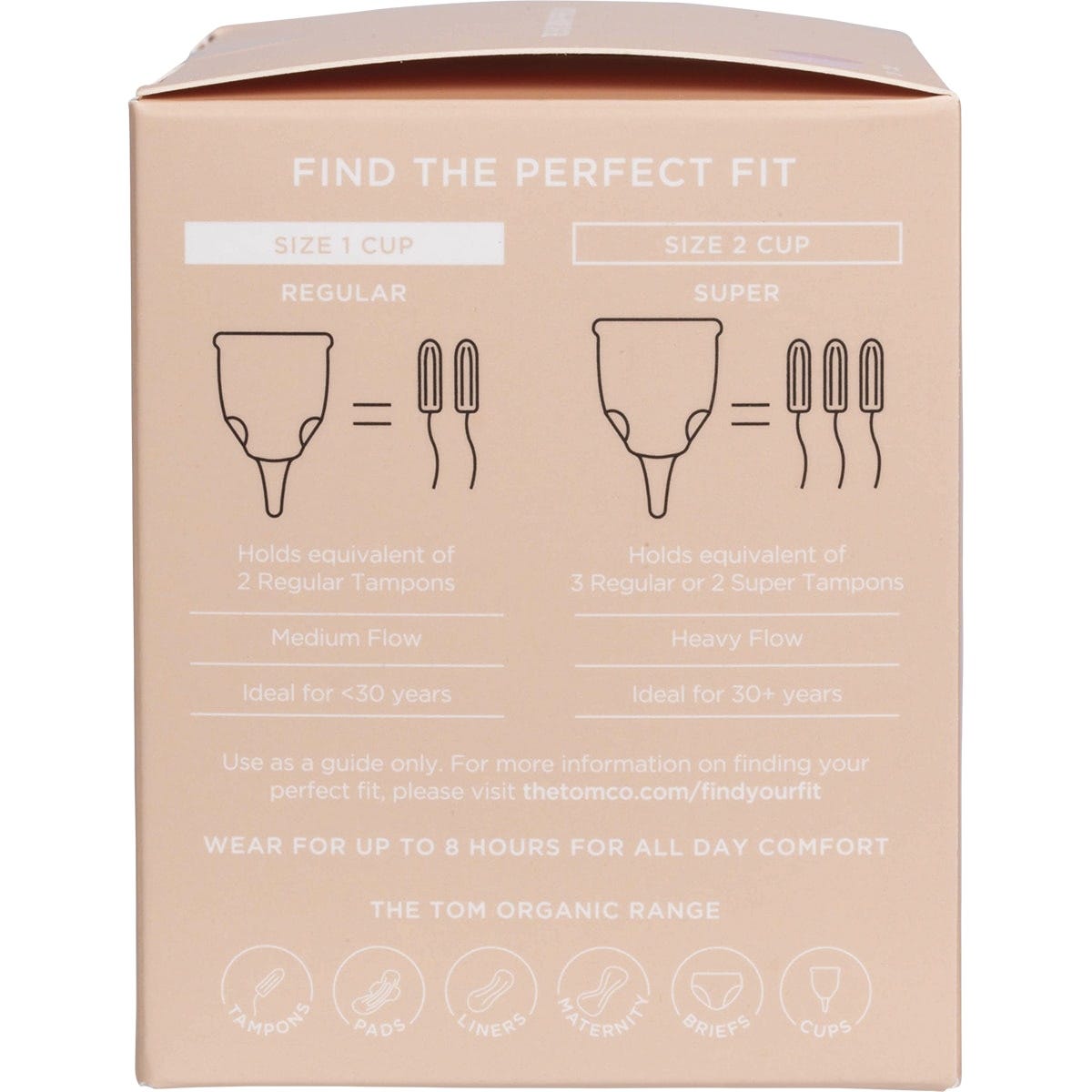 Left side of a TOM Organic Size 1 Period Cup box highlighting its Australian-made and medical-grade silicone features.