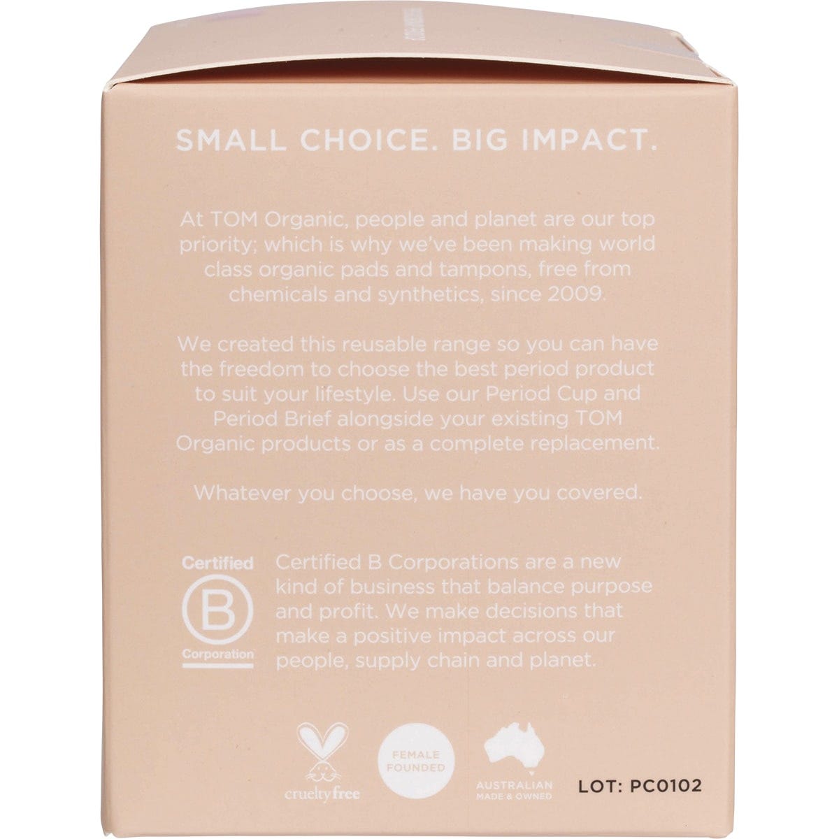 Right side of TOM Organic Size 1 Period Cup box detailing product features and usage instructions.