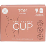 TOM Organic Size 2 Super Period Cup on a white background with a clear medical-grade silicone finish.