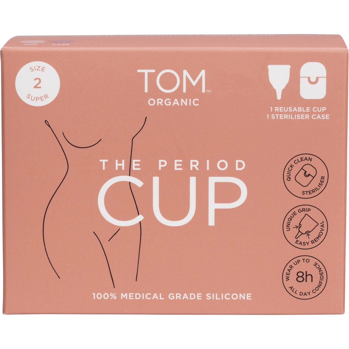 TOM Organic Size 2 Super Period Cup on a white background with a clear medical-grade silicone finish.