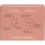 Back of TOM Organic Size 2 Super Period Cup box showing product features, size guide, and medical-grade silicone details.