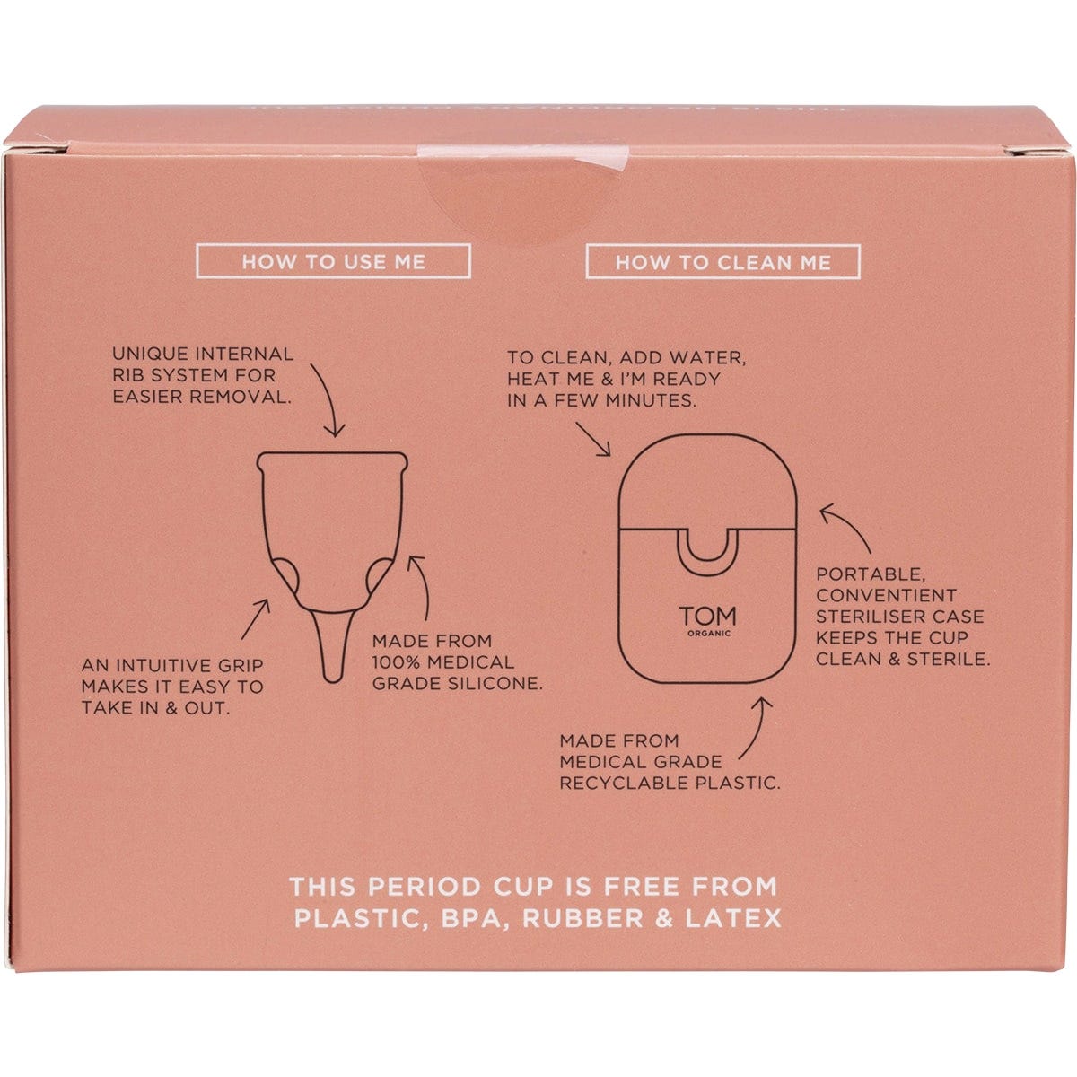 Back of TOM Organic Size 2 Super Period Cup box showing product features, size guide, and medical-grade silicone details.