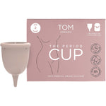 TOM Organic Size 2 Super Period Cup with a green microwave steriliser case and an organic cotton storage pouch.