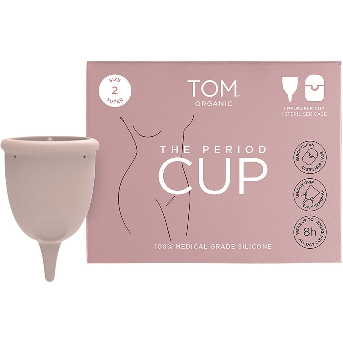 TOM Organic Size 2 Super Period Cup with a green microwave steriliser case and an organic cotton storage pouch.