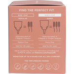 Left side of TOM Organic Size 2 Period Cup box showing a 100% medical-grade silicone logo and barcode.