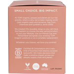 Right side of a TOM Organic Size 2 Period Cup box showing product benefits and 100% organic cotton pouch details.
