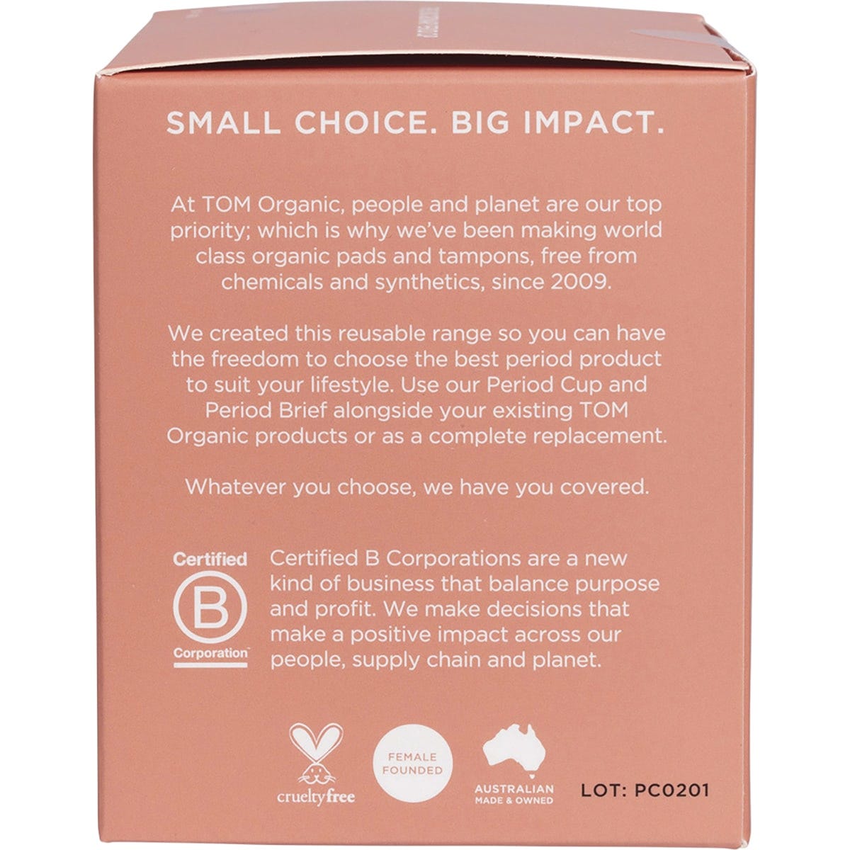 Right side of a TOM Organic Size 2 Period Cup box showing product benefits and 100% organic cotton pouch details.